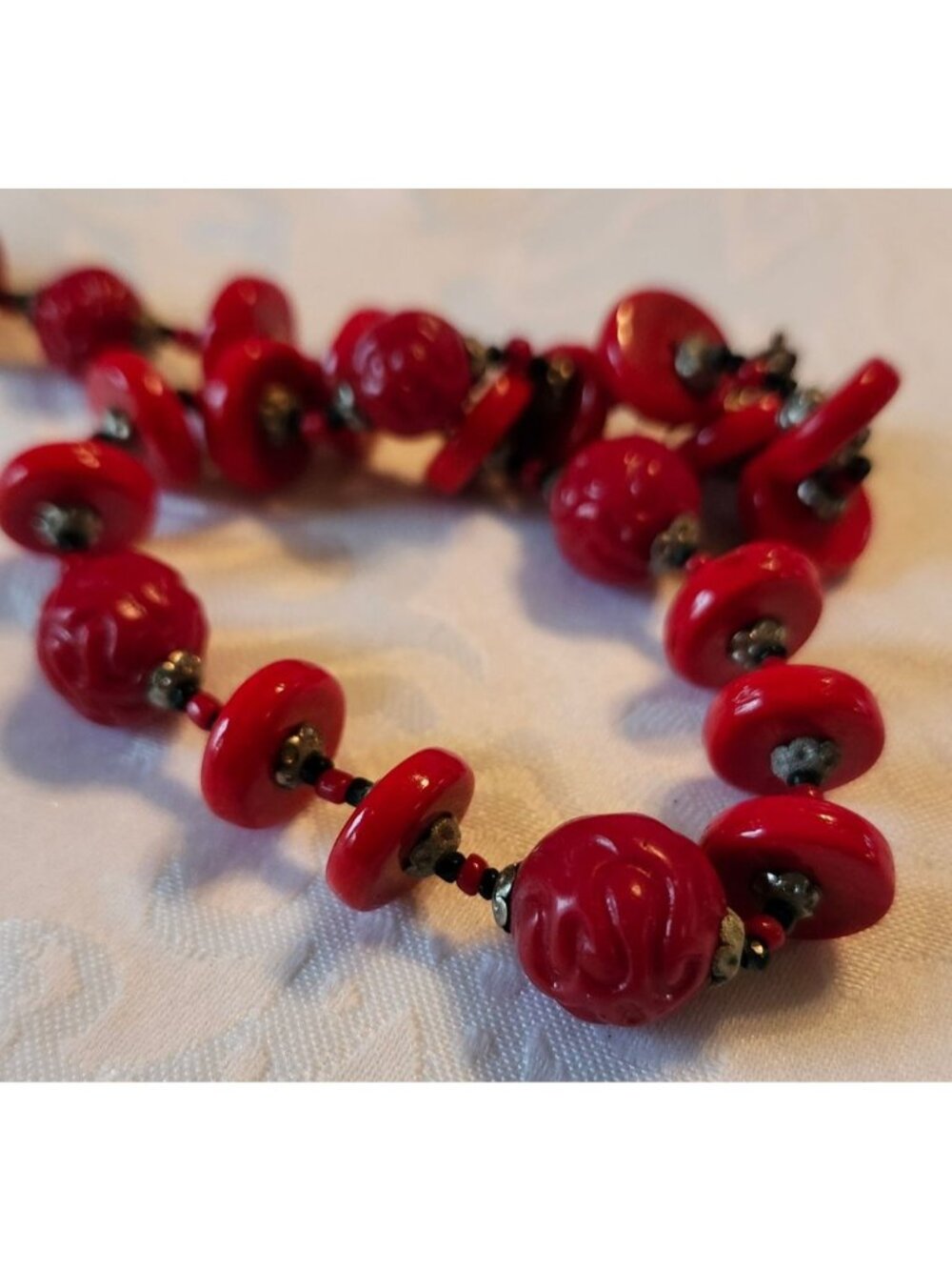 Vintage Czech Molded Beaded Red Art Deco Necklace - Picture 4 of 10